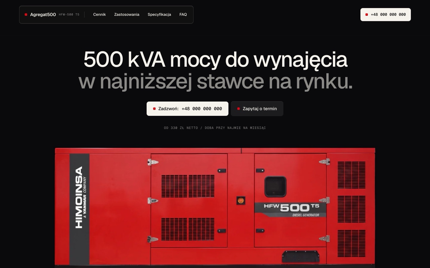 Agregat500 - One-page for power generator rental