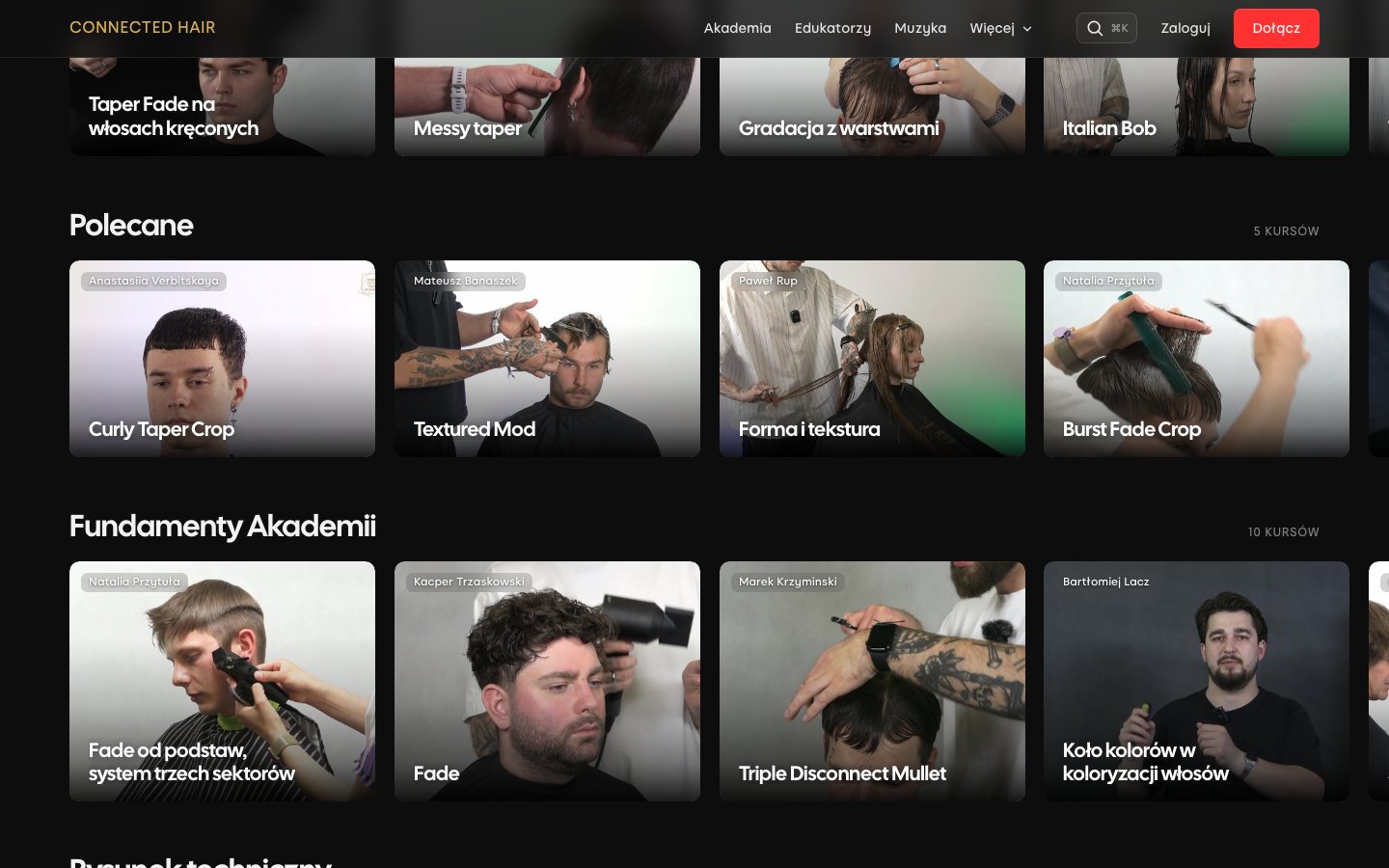 Academy catalog: rows of course tiles with hover preview