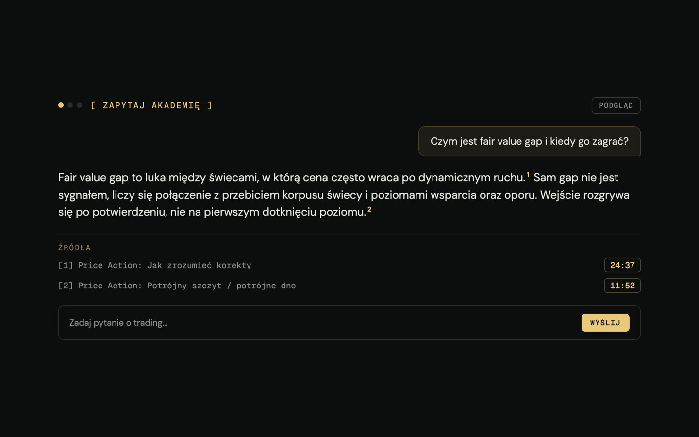 Ask the Academy chat preview: a real product answer with sources and timestamps linking into the videos