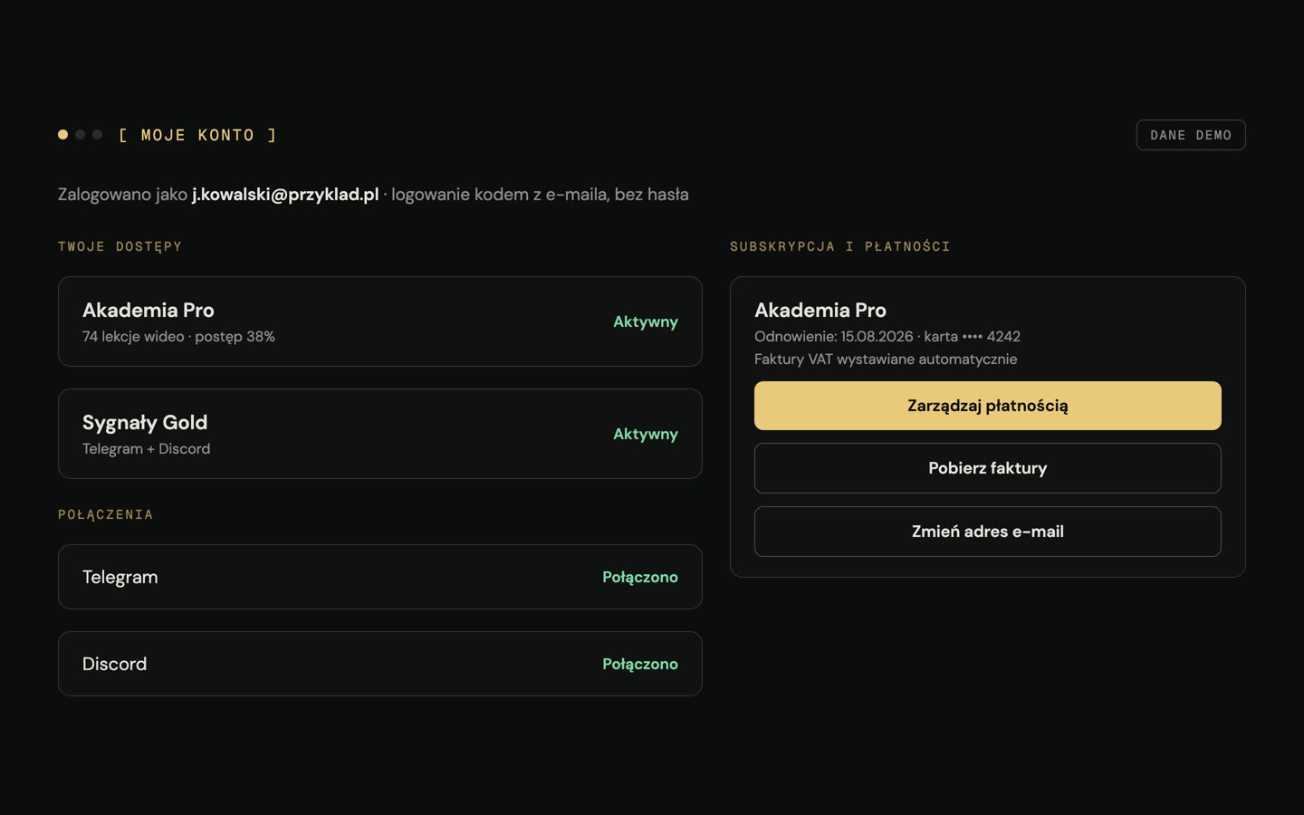 My Account panel preview (demo data): active access, Telegram and Discord connections, Stripe billing