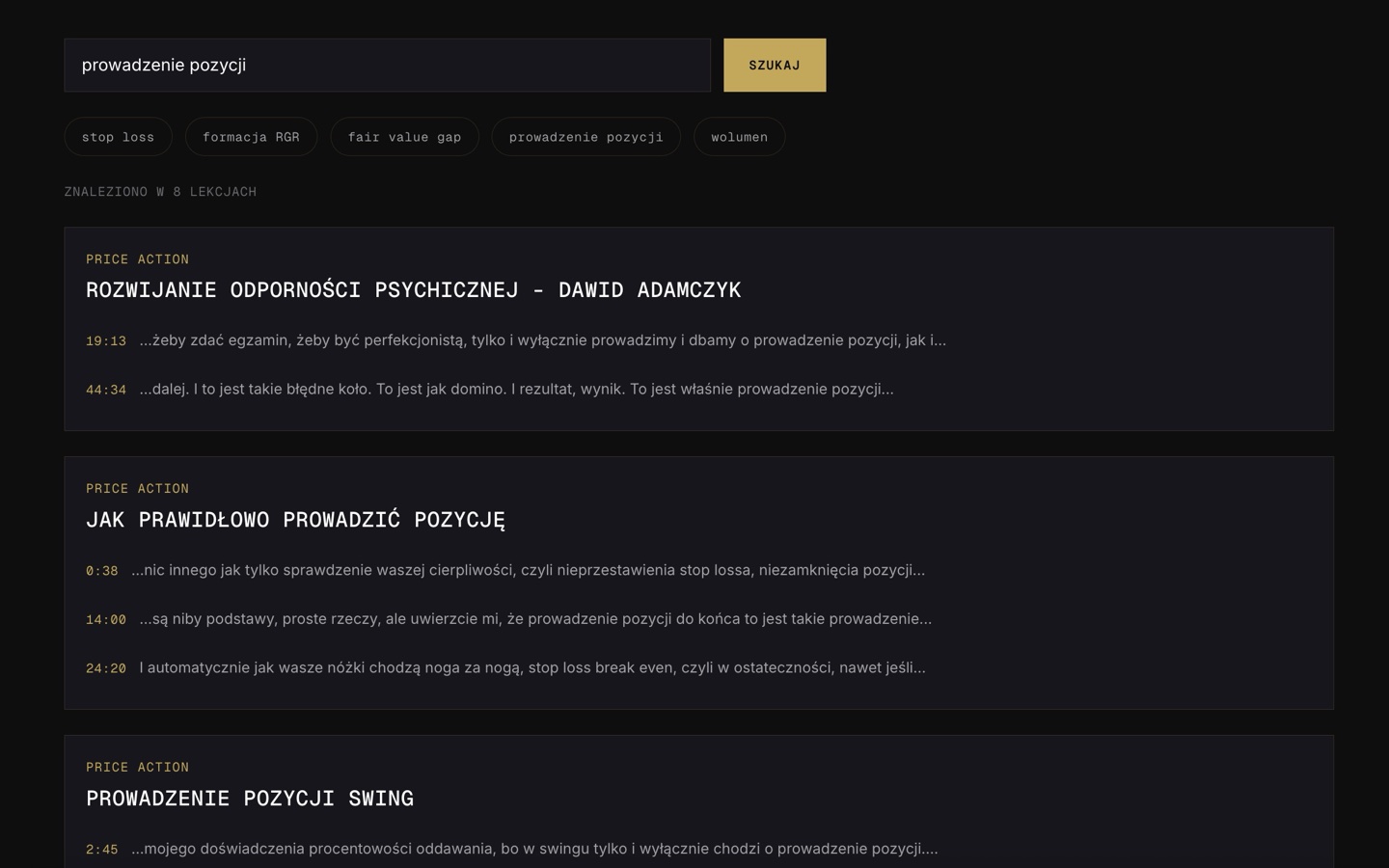 Academy search results: matches inside lessons with timestamps linking straight into the videos